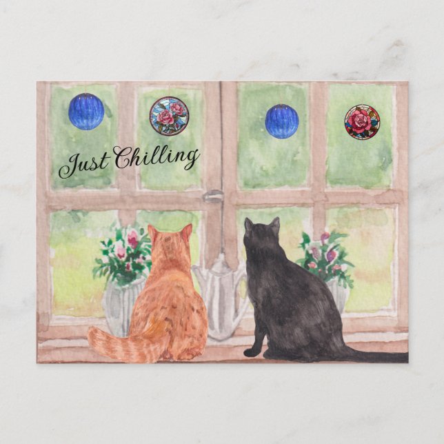  POSTCARD Two Cats at the Window Serene Flowers Postkarte (Vorderseite)