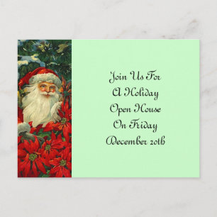 Postcard Vintag Santa & Poinsettias Urlaubsparty Einladungspostkarte