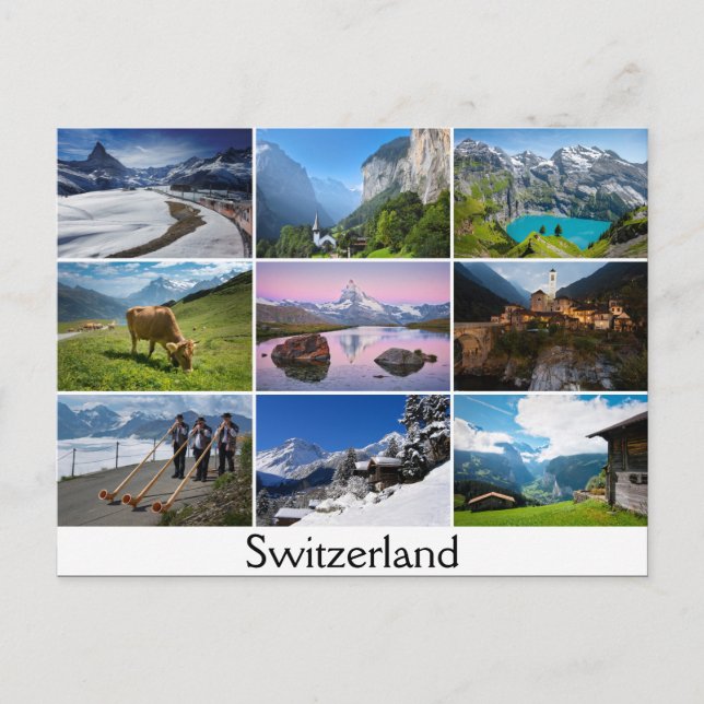 Postcard with landscapes and the text: Switzerland Postkarte (Vorderseite)