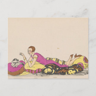 Postcard - woman and cat - French artist vintage Postkarte