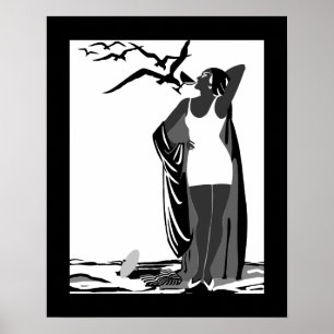 Poster ART DECO LADY Schwarz-weiße Vögel