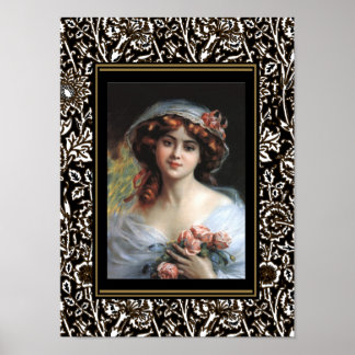 Poster Art Vintage Dame mit rosa Rosen