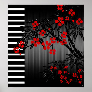 Poster Asian Red Schwarz-weiß Bamboo Floral