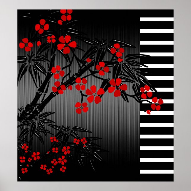 Poster Asian Red Schwarz-weiß Bamboo Floral 2 (Vorne)