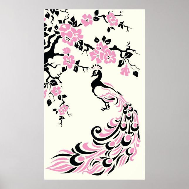 Poster aus schwarzem Rosa Pfau und Kirschblüten (Vorne)