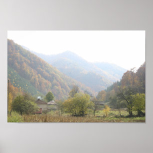 Poster Autumn Day Village Mountain Foto