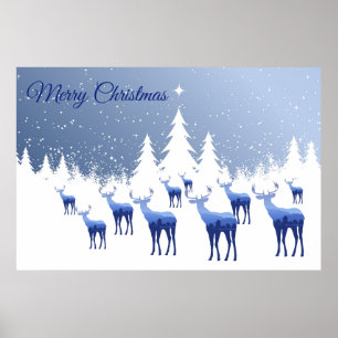 Poster Blue Deer Winter Scene-Merry Weihnachten
