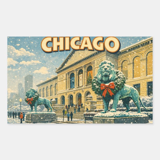 Poster des Art Institute of Chicago im Winter Rechteckiger Aufkleber (Vorderseite)