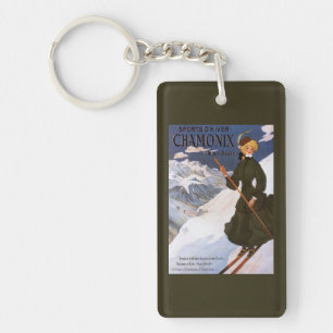Poster einer Frau beim Skifahren in Grün Schlüsselanhänger