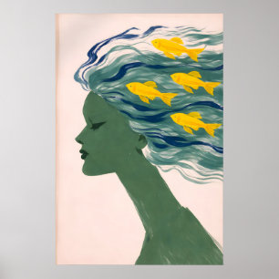 Poster Frau Fisch Haar, Surrealer Ozean-Porträt