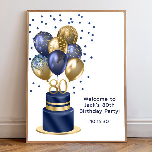Poster für 80. Geburtstag Blaue Ballon-Torte