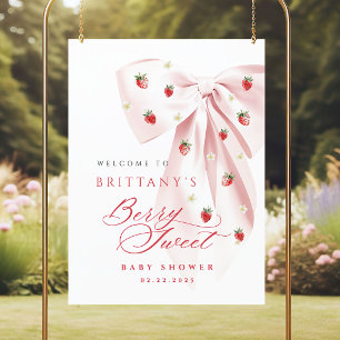 Poster für Baby-Party mit rosa Schleife und Erdbee