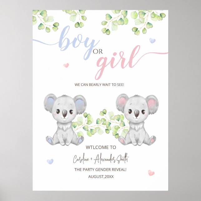 Poster für das Koala Gender Reveal Party. (Vorne)