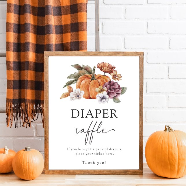 Poster für Herbst-Windel-Verlosung (Fall In Love Baby Shower Game Poster Diaper Raffle Pumpkins)
