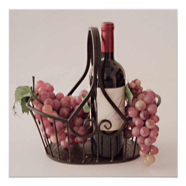 Poster Glossy Basket Wein und Trauben (Vorderseite)