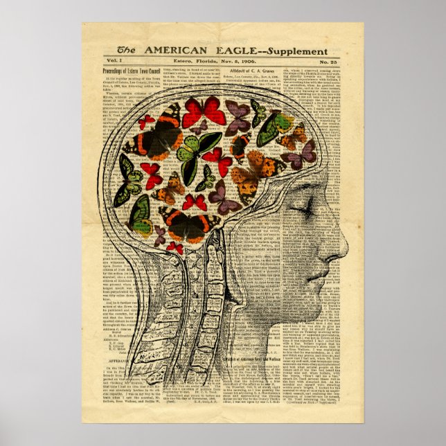 Poster Human Head Brain Butterfells auf Zeitung (Vorne)