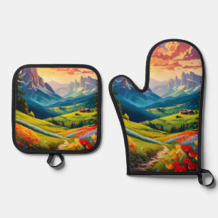 Poster im Vintage-Stil Dolomiten Italien Ofenhandschuh & Topflappen-Set