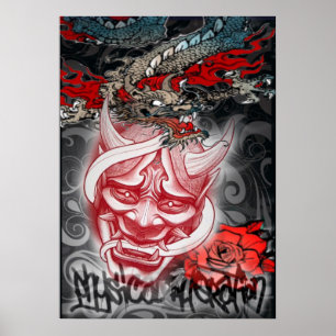 Poster, japanische Maske und Drache Poster