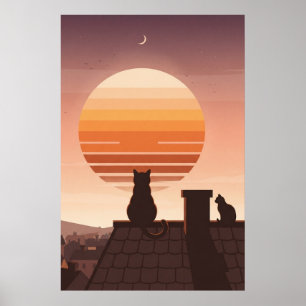 Poster Katzen beobachten einen retro Sonnenunterga