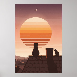 Poster Katzen beobachten einen retro Sonnenunterga