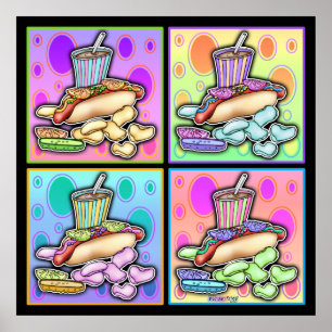 Poster, Leinwand - Pop Art Hot Dog mit Chips und e Poster