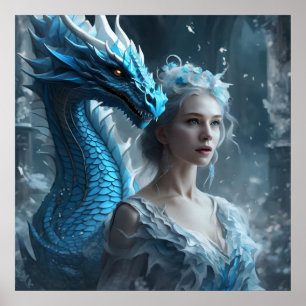 Poster - Light Ice Blue Dragon and Girl AI Image