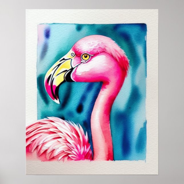 Poster mit Aquarell, rosa Flamingo (Vorne)