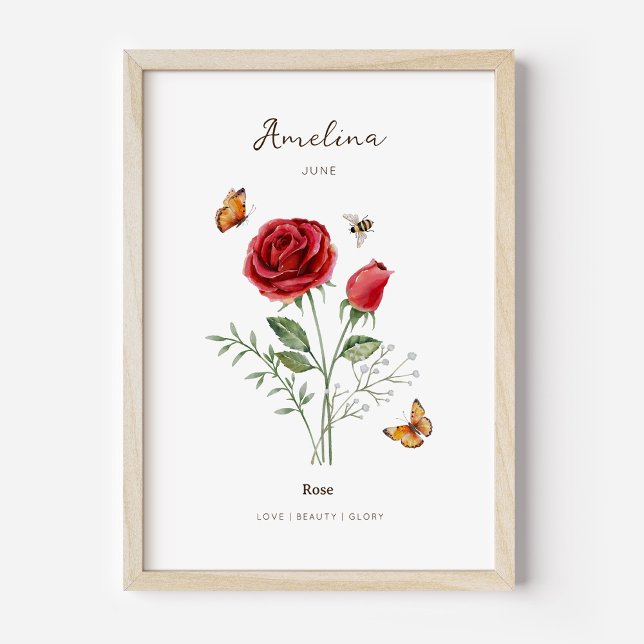 Poster mit Geburtsmonatsblume Rose (Example of rose birth flower poster once framed. )