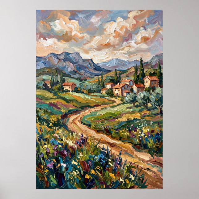 Poster mit Landschaft des Bergdorfes und Wildblume (Vorne)