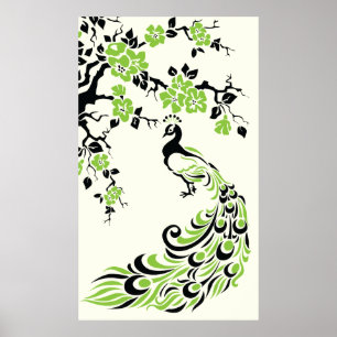 Poster mit schwarzgrünen Pfauen und Kirschblüten