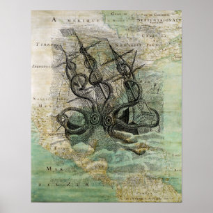Poster mit Vintagem Kraken, Schiff auf Karte