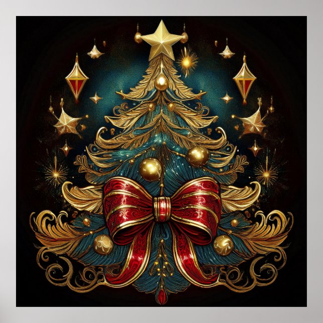 Poster mit Weihnachtsbaum und großer roter Bow (Vorne)