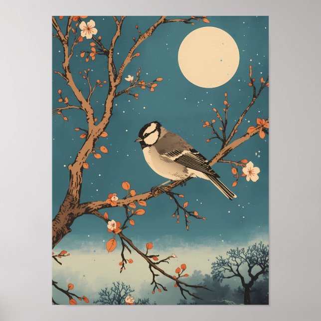 Poster – Mondbeschienener Vogel auf einem Blütenzw (Vorne)