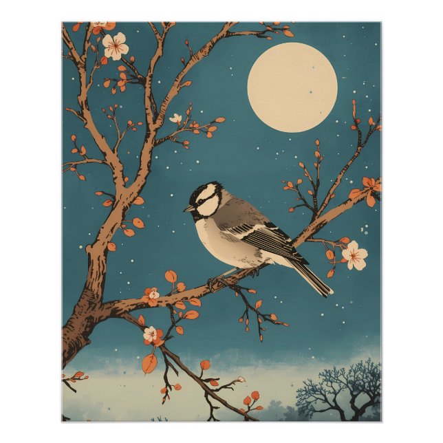 Poster – Mondbeschienener Vogel auf einem Blütenzw (Vorderseite)