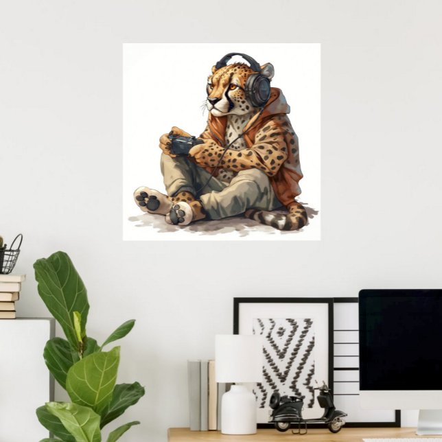 Poster oder Download Gamer Cheetah für Kinder (Gamer Cheetah Funny Canvas Print for Kids Cheetah playing video games)
