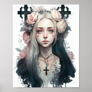 Poster of a Creepy Girl - Gothic Flowers