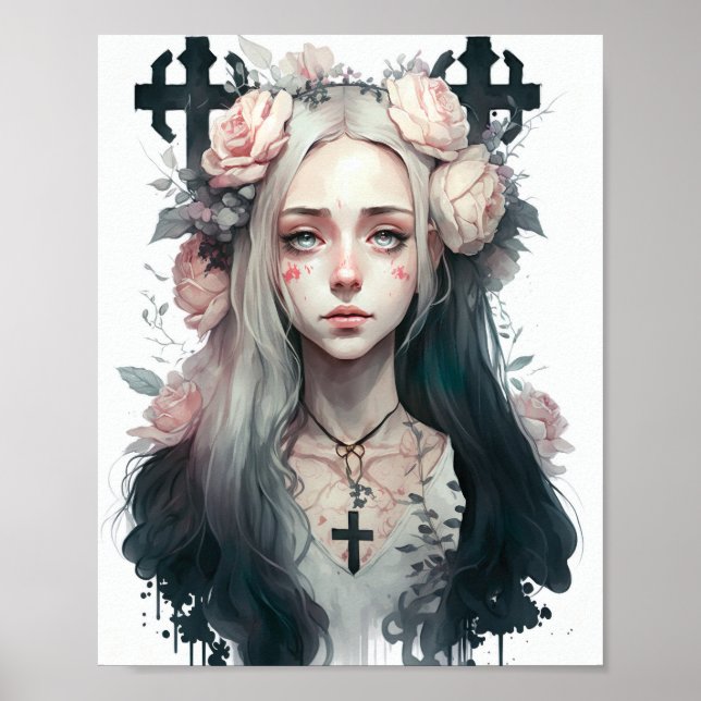 Poster of a Creepy Girl - Gothic Flowers (Vorne)