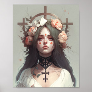 Poster of a Creepy Girl - Gothic Wicca Flowers