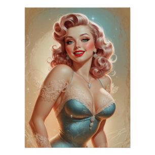 Poster Pin-up Blonde Glamour Blaues Kleid