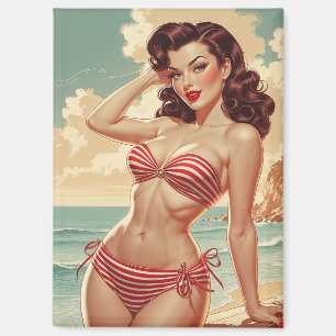 Poster Pin-Up Braun in rotem und weißem Bikini Magnet