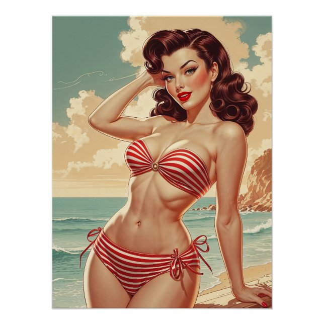 Poster Pin-up Brune in Bikini Rayé Rot und Weiß (Vorderseite)