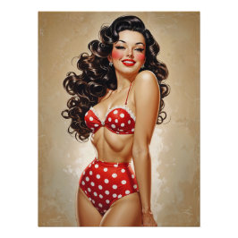 Poster Pinup Brune in Bikini Rouge in Erbsen