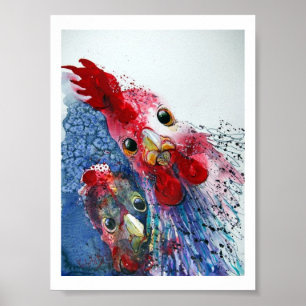 Poster - Rooster und Hen in Aquarellen