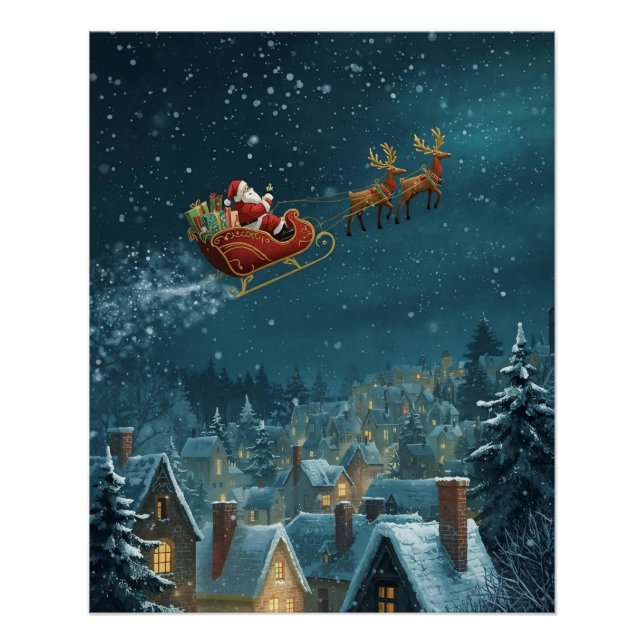 Poster „Santas Schlitten über der Stadt“ (Vorderseite)