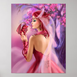 Poster Schöne Fantasiefrau Königin und Roter Drach