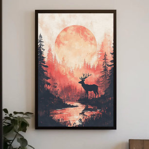 Poster Sonnenuntergang Hirsche Silhouette Ästhetis