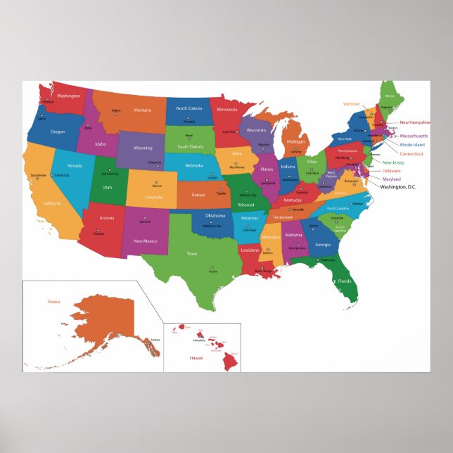 Poster - USA mit Hauptstadt Cities (Vorne)