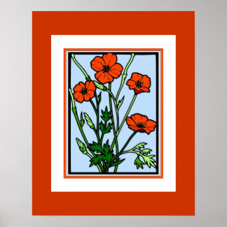 Poster Vintag Art Orange Red Poppies