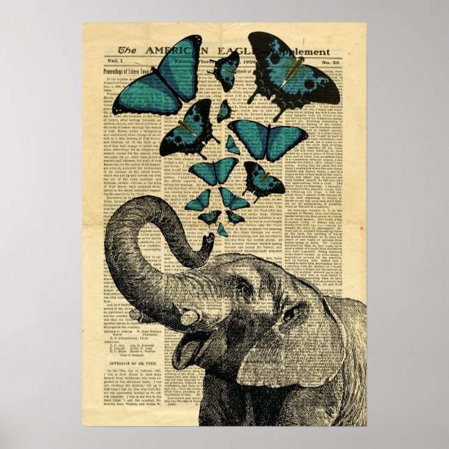 Poster Vintag Elephant Butterfels auf Zeitung (Vorne)