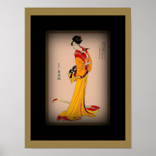 Poster Vintage Art Geisha mit gelbem rotem Kimono